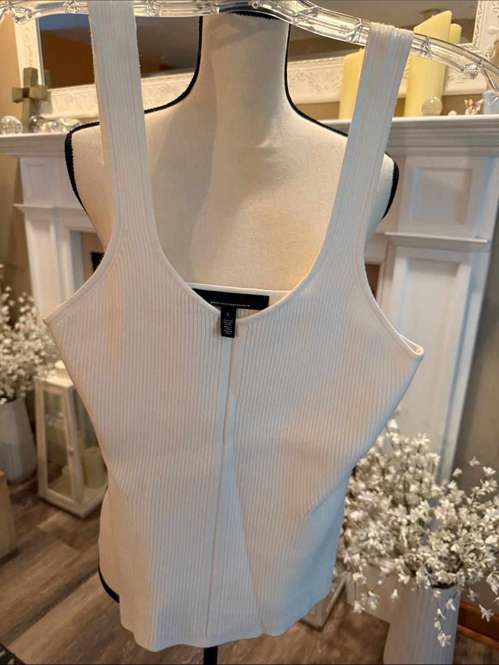 White House Black Market Cream Ribbed Scoop Tank Top